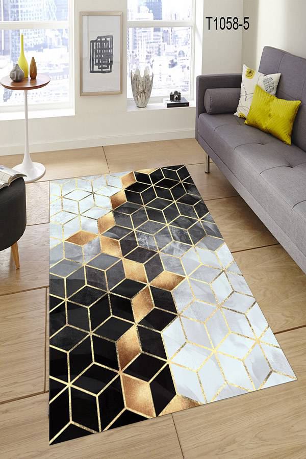 3D Prizmalar Siyah Gold Halı Dekhera T1058 5 Modeli Uygun Fiyata Dekhera'da