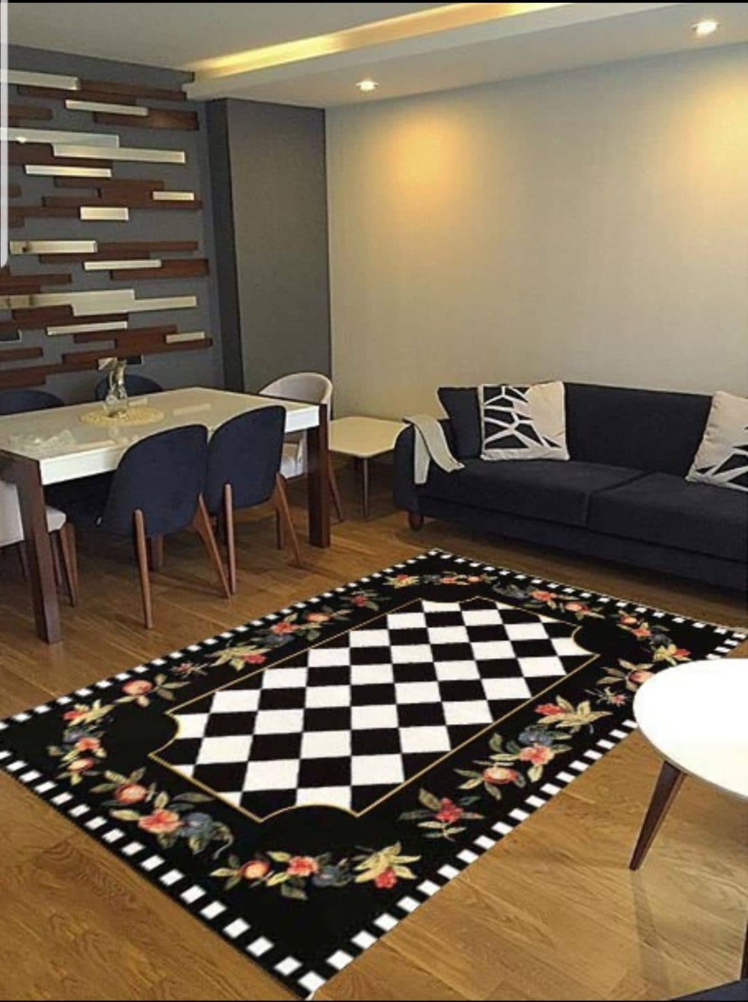 Çiçekli ve Siyah Beyaz Damalı Halı Dekhera K4010 Modeli Uygun Fiyata Dekhera'da