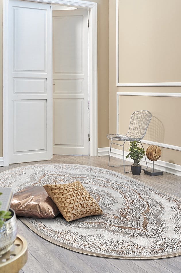 Etnik Desenli Halı Dekhera Warble 5810 Beyaz Kahve Oval
