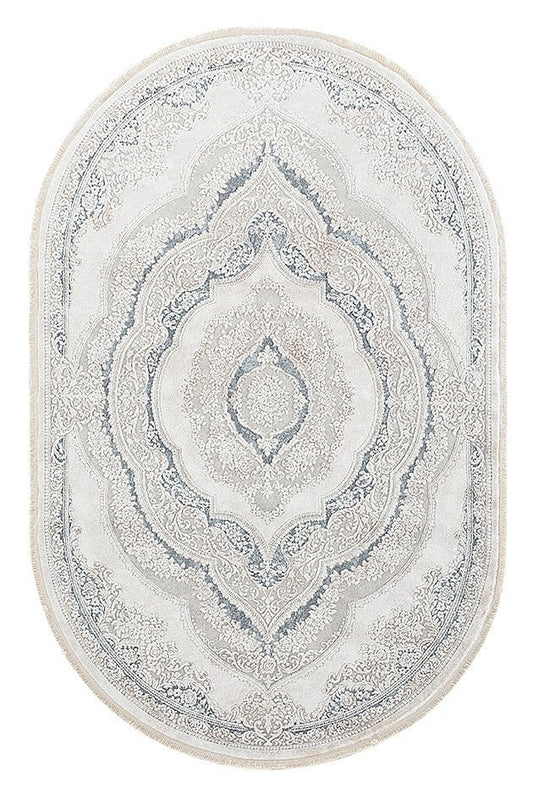 Etnik Desenli Halı Dekhera Warble 5810 Beyaz Mavi Oval