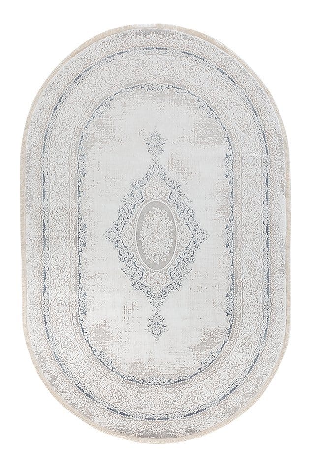 Göbek Varaklı Halı Dekhera Warble 5664 Beyaz Mavi Oval