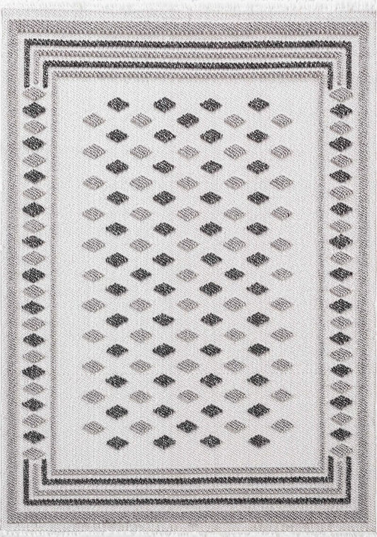 Dekhera Elmas Bukle Dokuma Hali 154 Beyaz Koyu Gri-1 Salon Mutfak Koridor Yatak Odası Kesme Yolluk