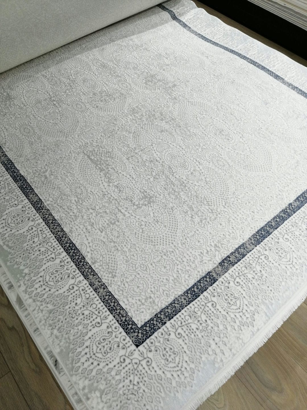 Dekhera Plato Parlak Dokuma Modern Hali Sl110 Beyaz Mavi-2 Salon Mutfak Koridor Yatak Odası Kesme Yolluk