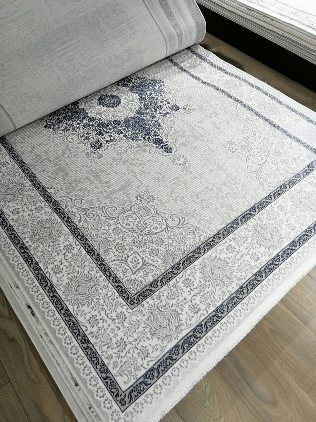 Dekhera Plato Parlak Dokuma Modern Hali Sl116 Beyaz Mavi-2 Salon Mutfak Koridor Yatak Odası Kesme Yolluk