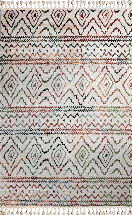 Dekhera Presto Dogal Dokuma Etnik Hali 9538 Beyaz Turuncu-1 Salon Mutfak Koridor Yatak Odası Kesme Yolluk