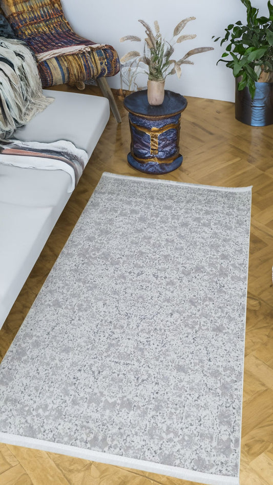 Dekhera Yildiz Parlak Kadife Dokuma Hali 1009 Gri Beyaz-2 Salon Mutfak Koridor Yatak Odası Kesme Yolluk